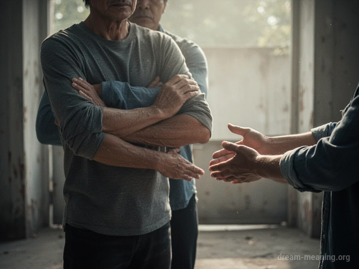 A person standing with arms crossed, blocking another person's outstretched hand.