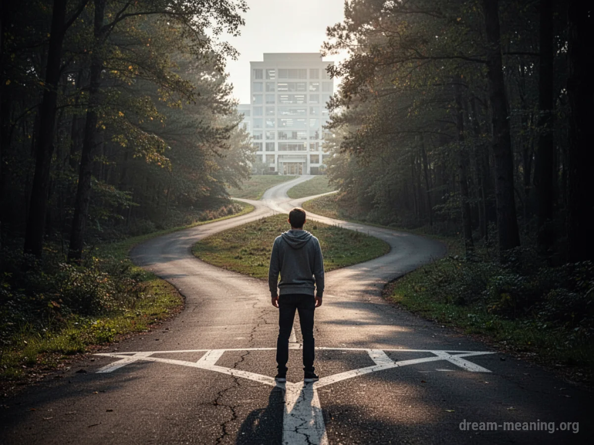 A silhouette of a person at a fork in the road, one path ascending towards a bright building, the other descending into darkness.