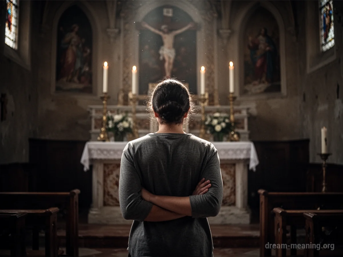 A person stands with their back to a religious altar.