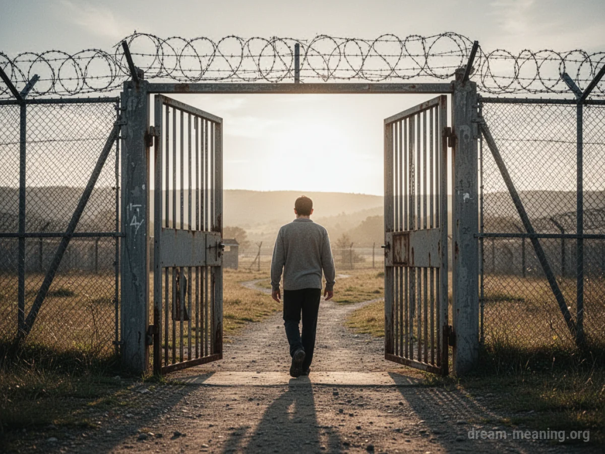 A person walking away from an open gate, leaving a dark area behind.