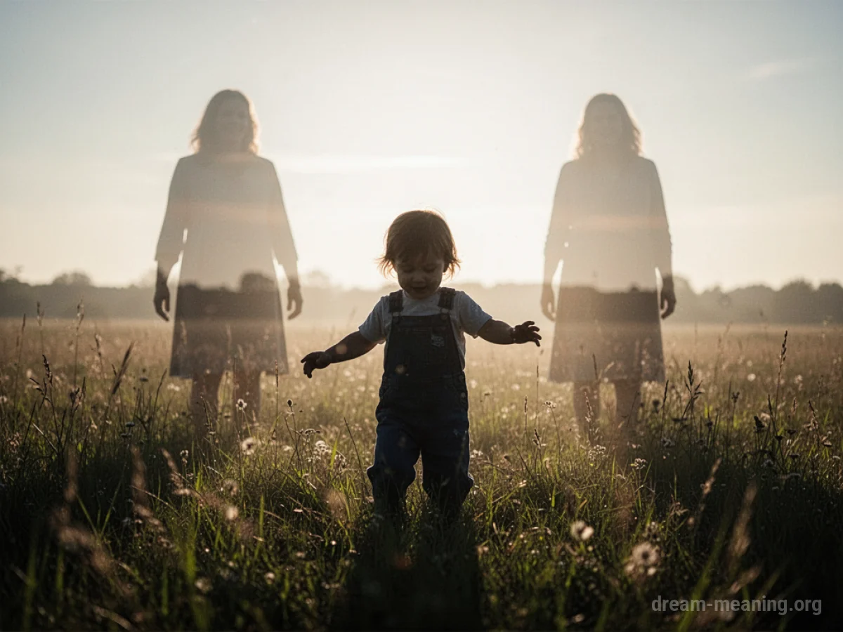 Silhouette of a child in a field with faint adult figures behind.