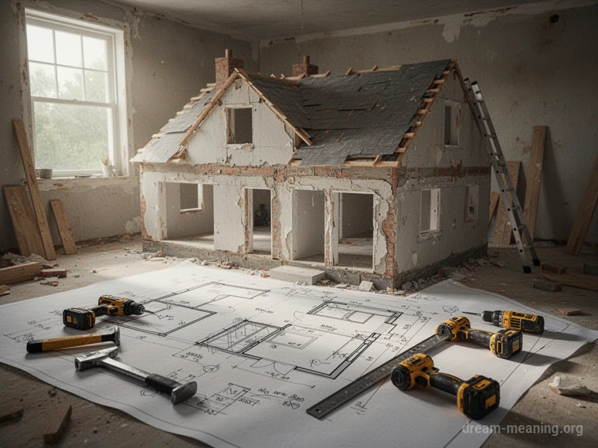 A blueprint superimposed over a house undergoing renovation.