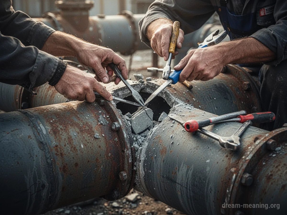 Hands working on fixing a broken pipe.