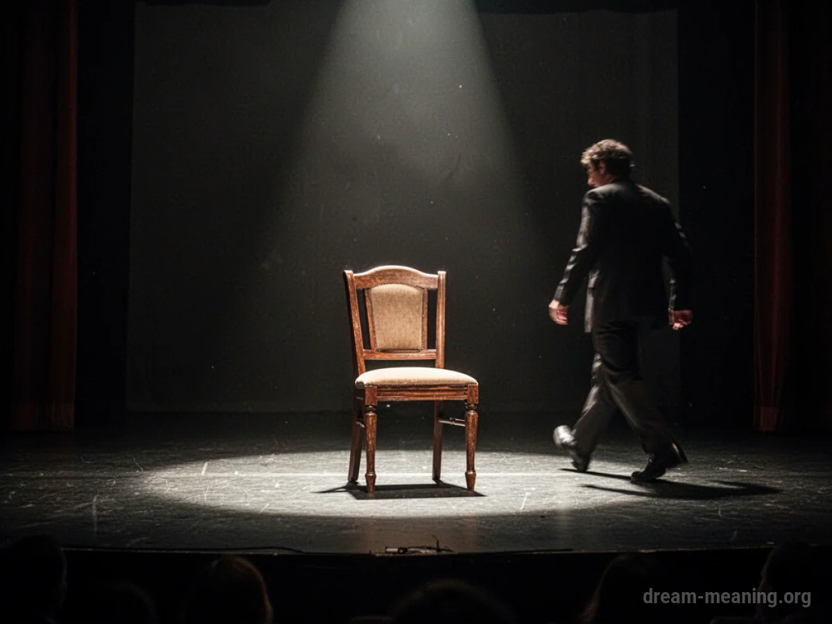 A figure approaching an empty chair on a stage.