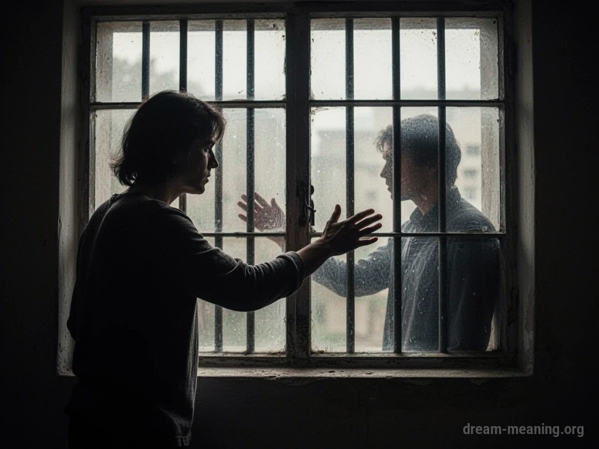 A figure extending a hand towards another figure through a barred opening.