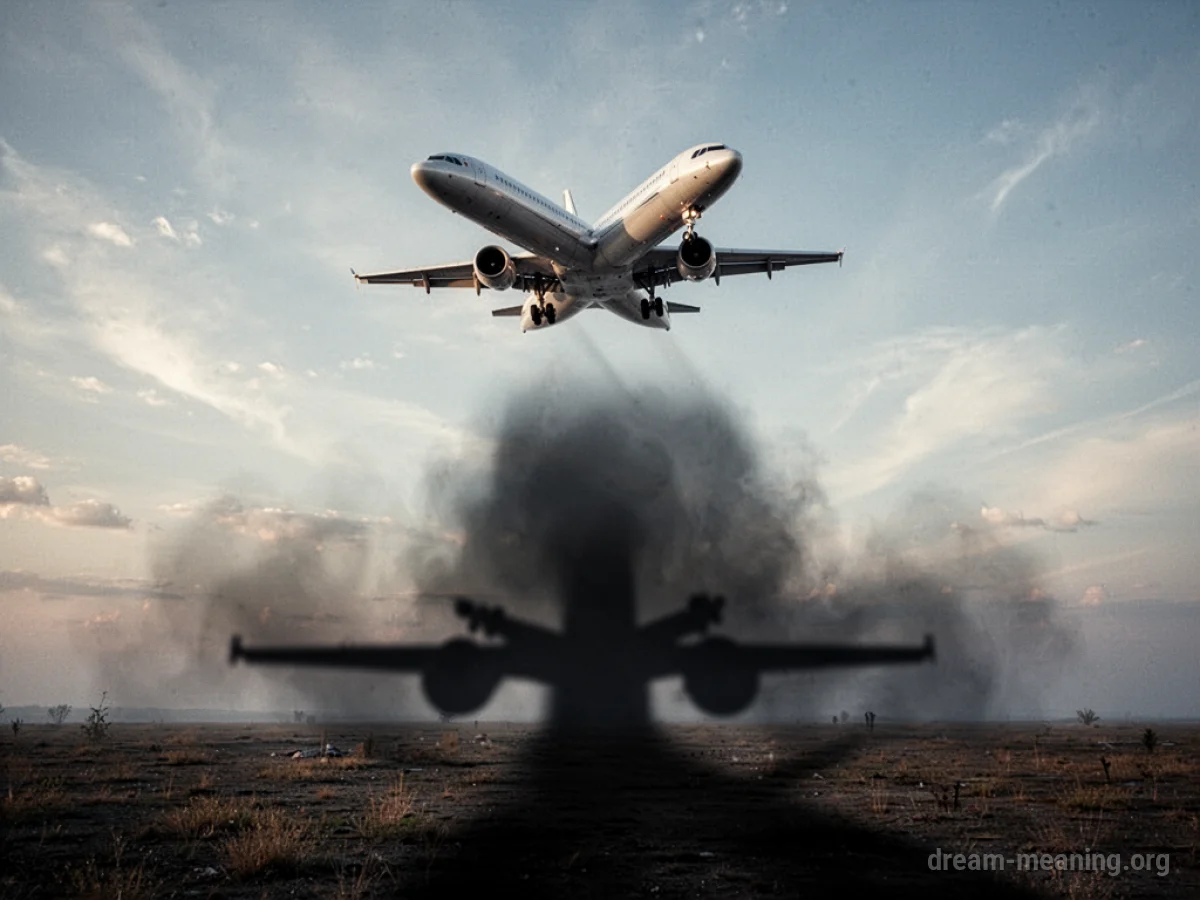 A large airplane flying in a clear sky, with a dark shadow beneath it.