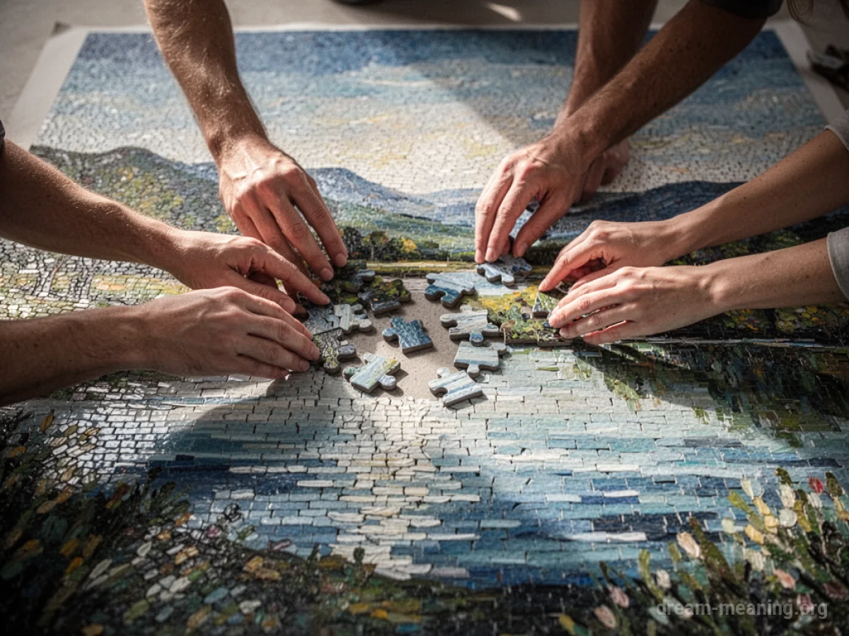 Two hands assembling a mosaic of a serene landscape.