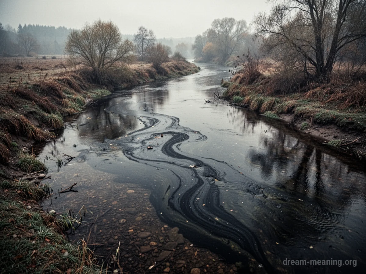 A dark, polluted river flowing through a muted landscape.