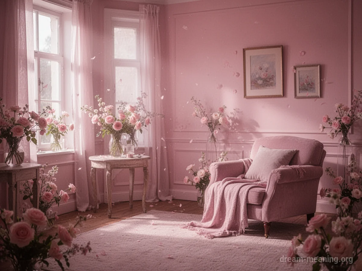 A room illuminated by soft pink light.