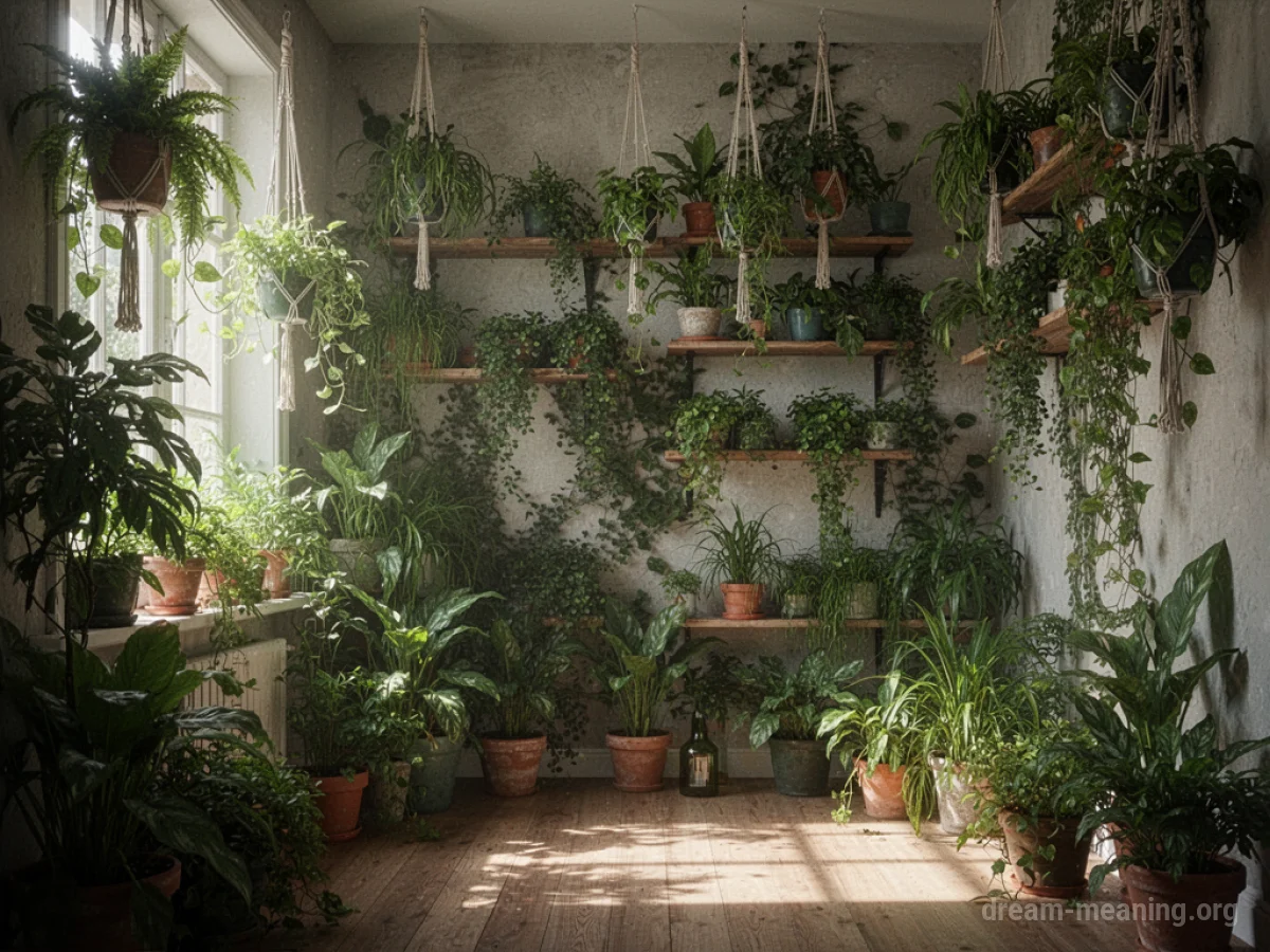 A room's interior walls completely covered with dense green foliage and potted plants.