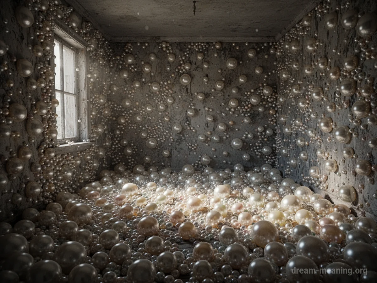 An interior room filled from floor to ceiling with countless white and cream-colored pearls.
