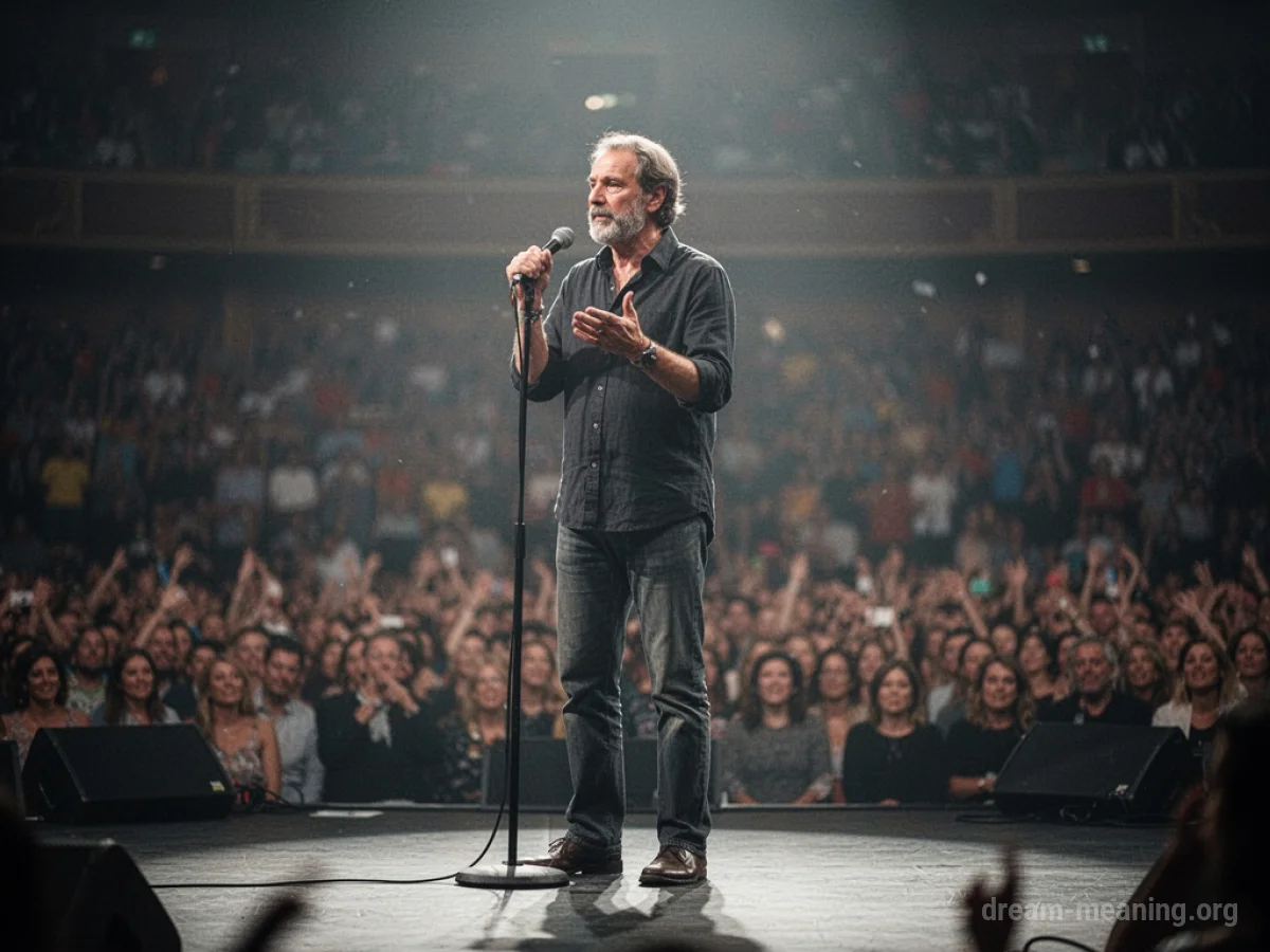 A silhouette of a person on a stage addressing an unseen audience.