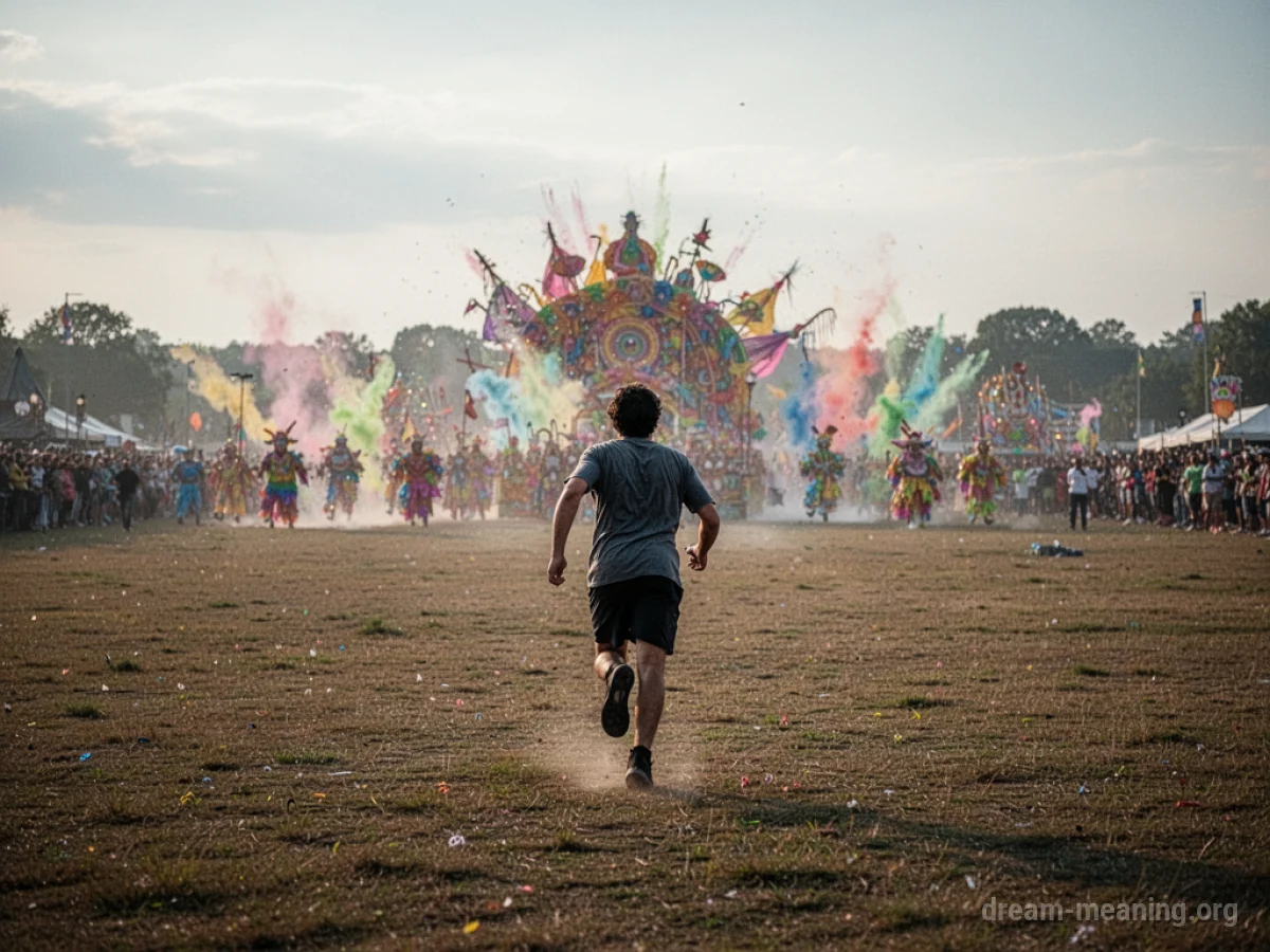 A lone person running away from a blurred, distant parade across an open field.