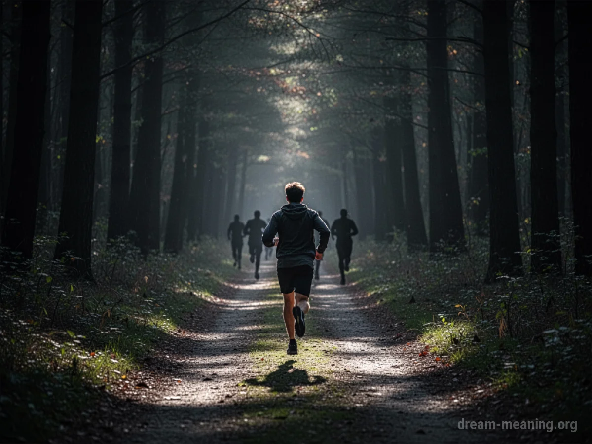 A person running away from indistinct figures towards a dark forest.