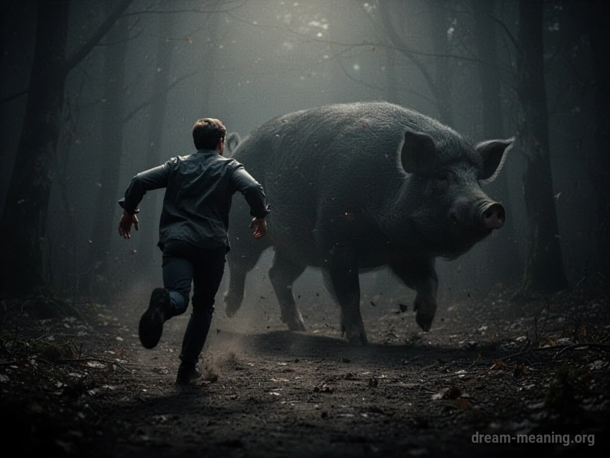 Silhouette of a person fleeing from a large, dark shape resembling a pig.