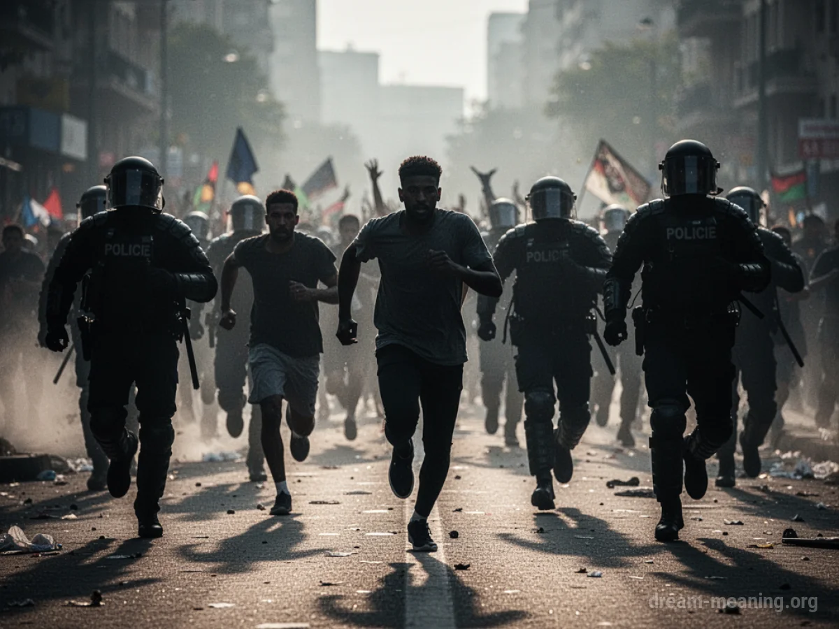 Silhouetted figures fleeing from indistinct shapes resembling law enforcement in a crowd.