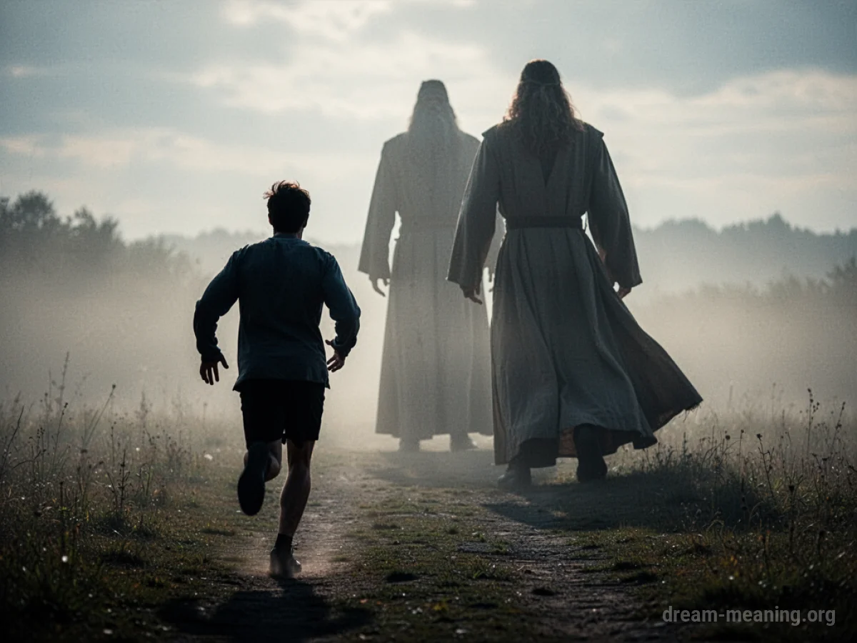 Silhouette of a person running away from a robed figure.