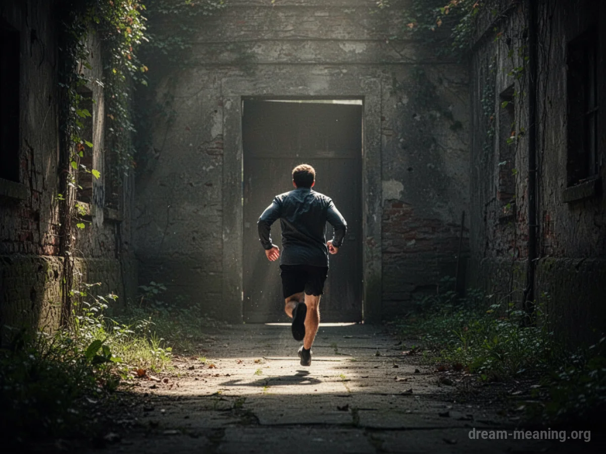 Silhouette of a person running away from a dimly lit doorway.
