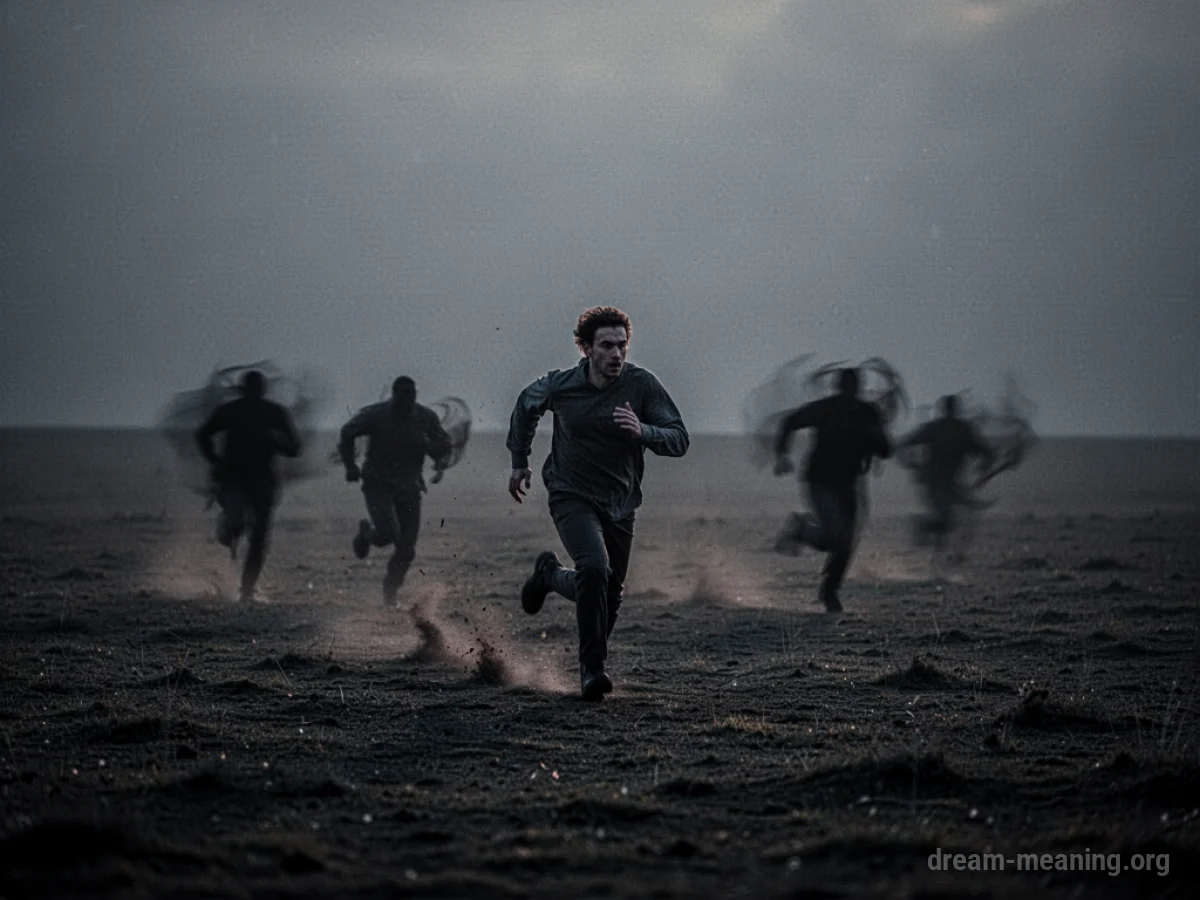 Silhouette of a person running away from dark shapes in a desolate environment.
