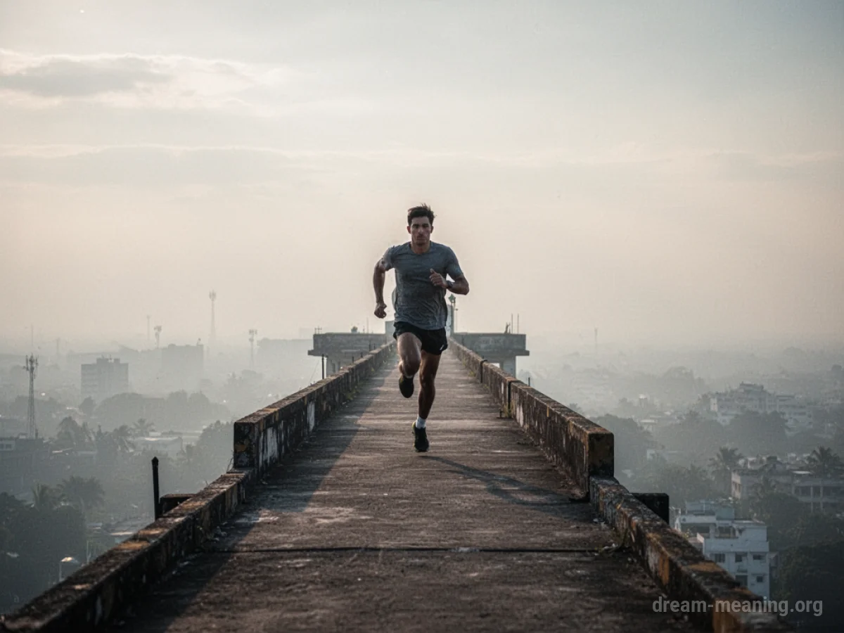 A person running on an elevated walkway towards a blurred horizon.