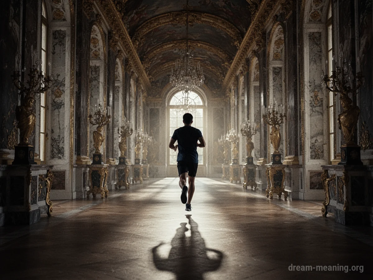 Silhouette of a figure running down a vast palace corridor.
