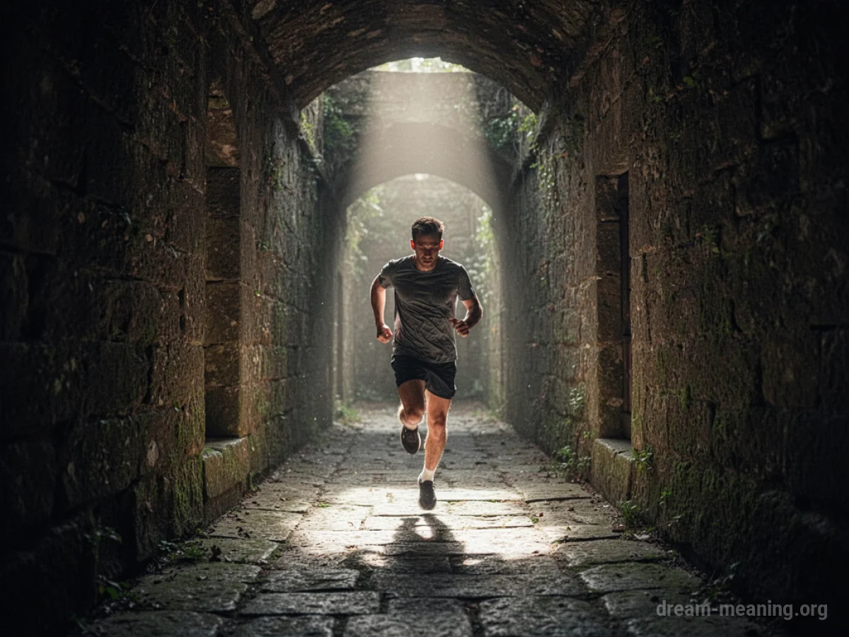 A person running down a long, narrow corridor with light at the far end.