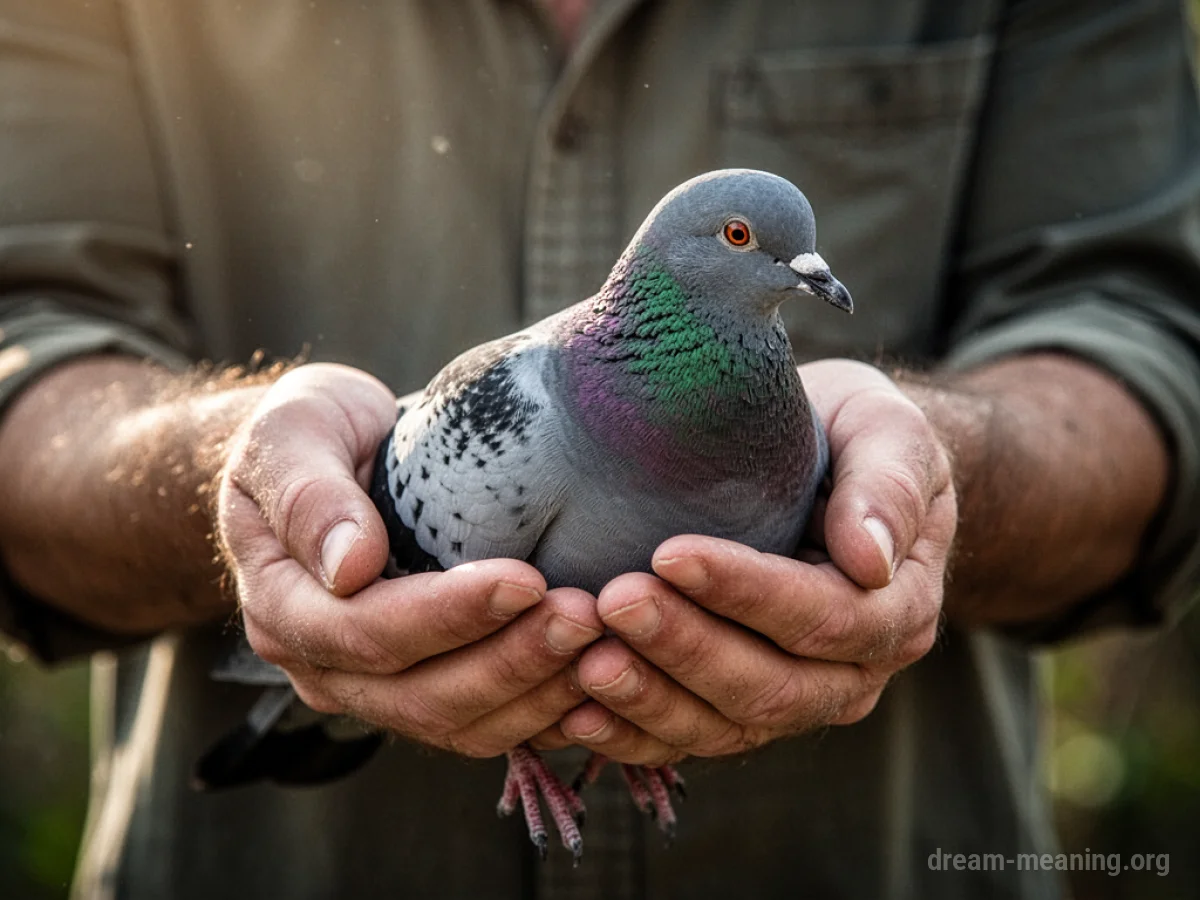 Hands gently holding a small pigeon.
