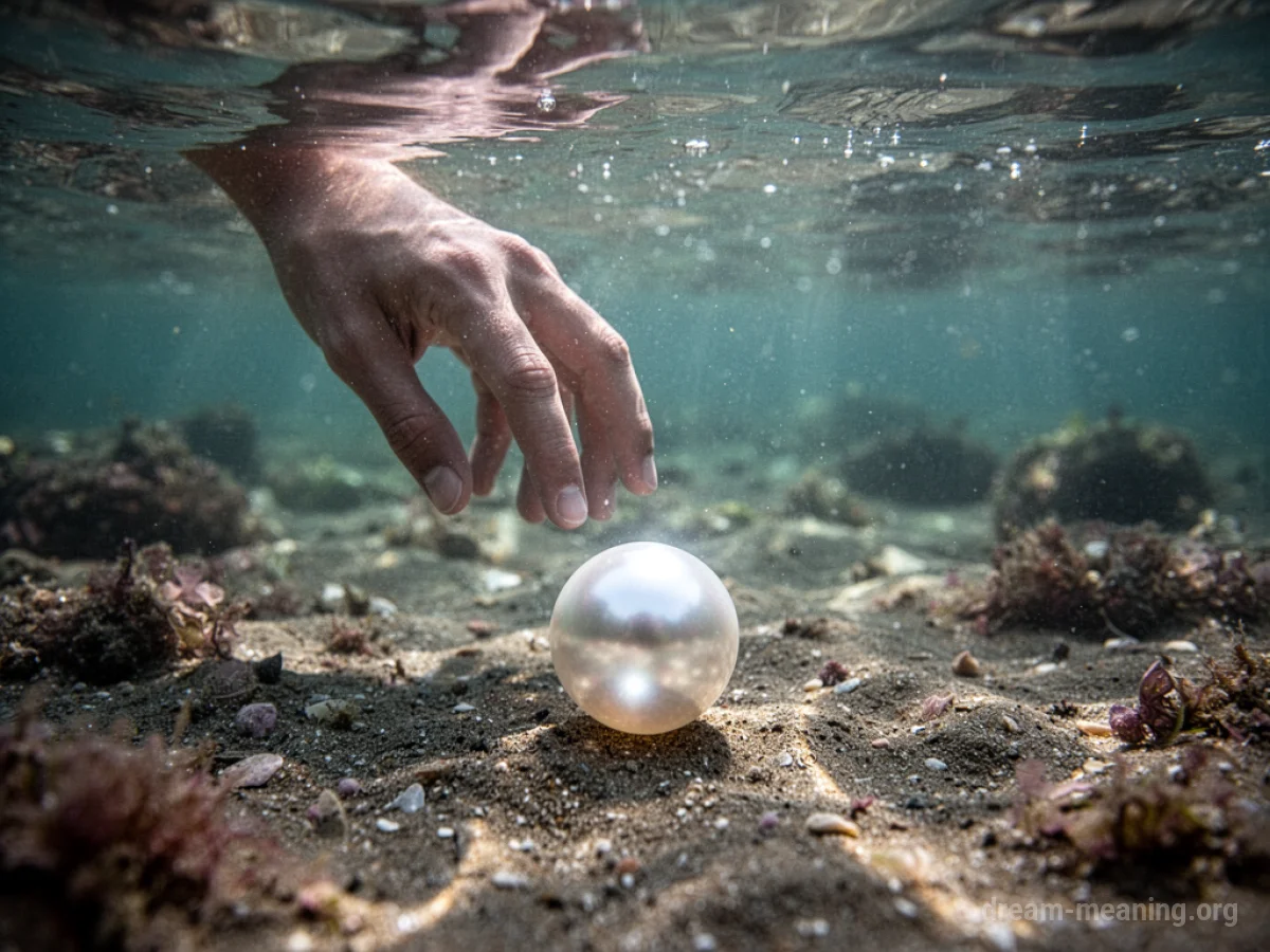 A hand reaching down towards a pearl in clear water.