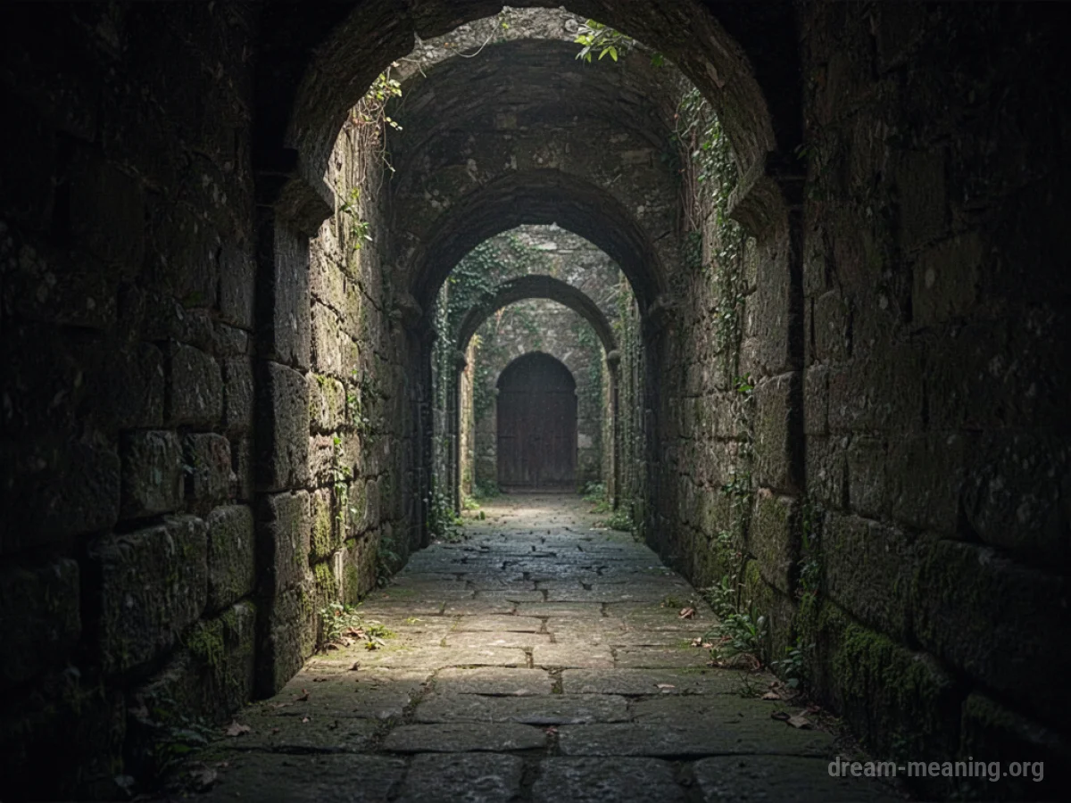 A narrow, arched corridor lit by a faint light at the far end.