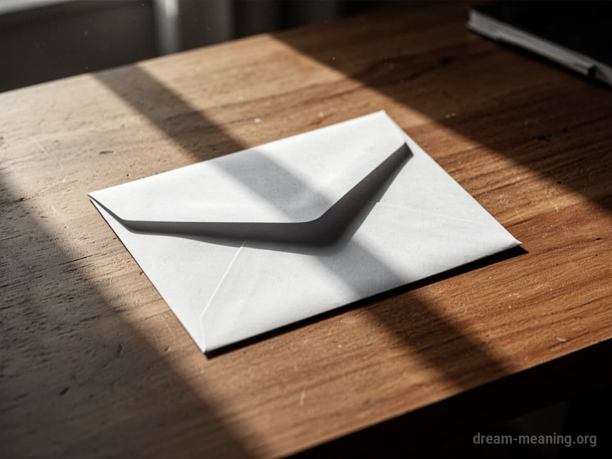 A closed envelope rests on a wooden desk.