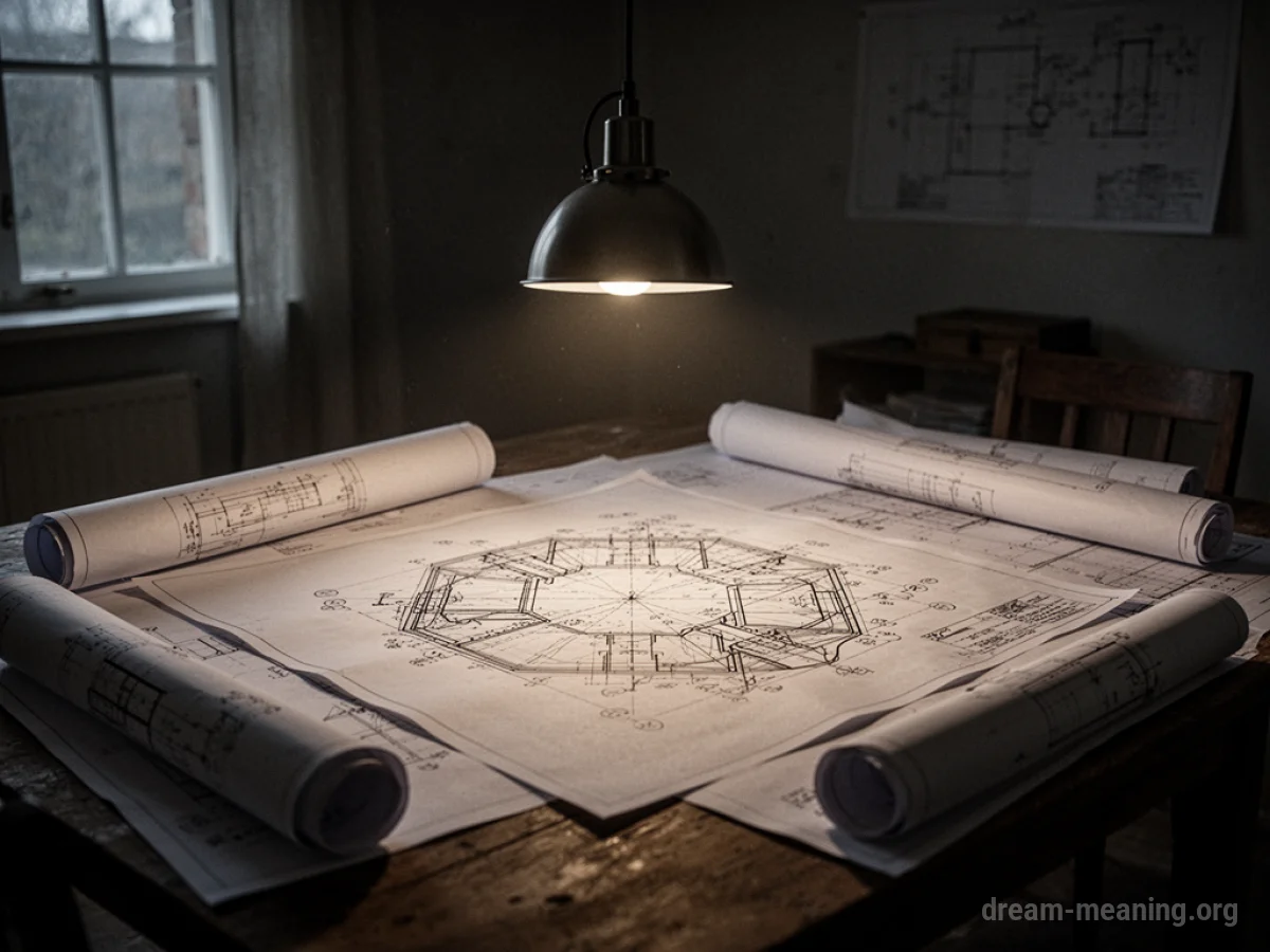 Blueprints and plans laid out on a table in a dimly lit room.