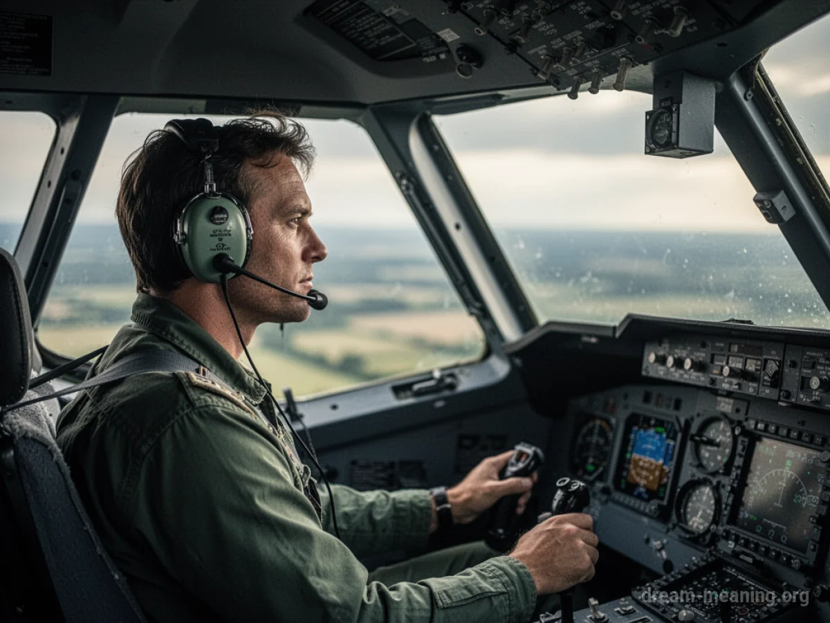 A pilot wearing a uniform and headset sits in an airplane cockpit, looking forward.