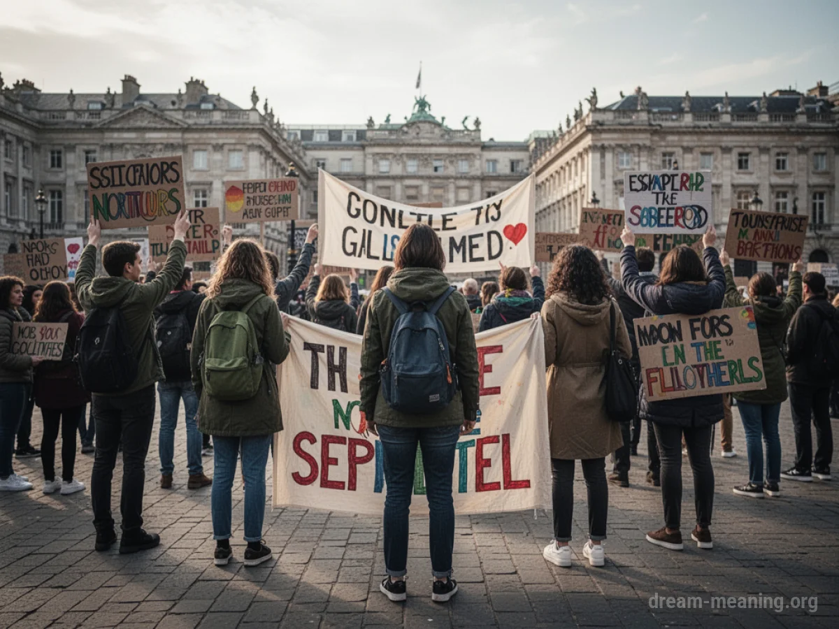 Silhouettes of people holding protest signs in a city square.