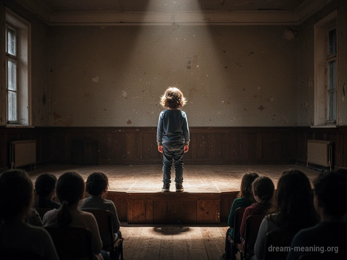 A child stands alone on a small stage in a dark room.