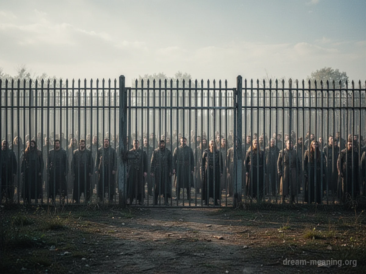 A crowd of people silhouetted behind a high fence.