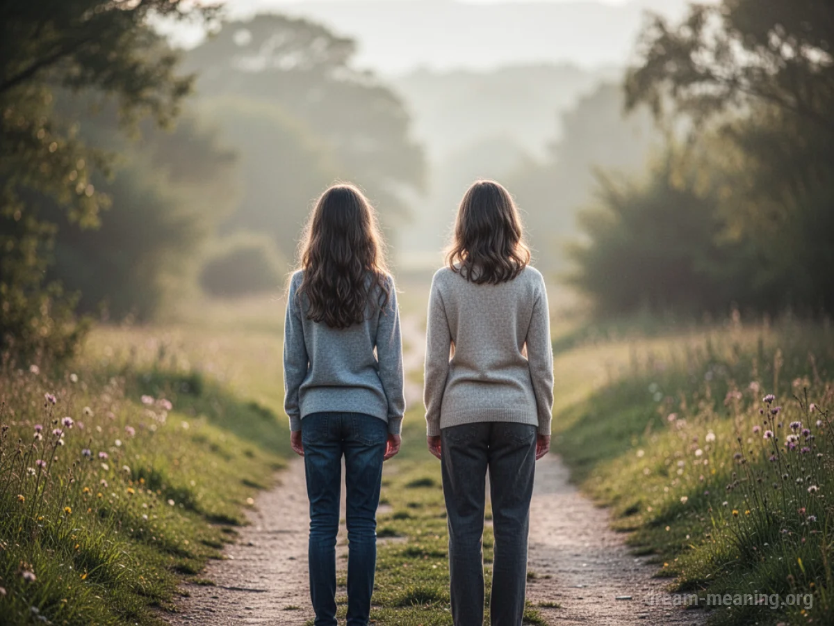 Two figures standing on a distant path looking towards a bright landscape.
