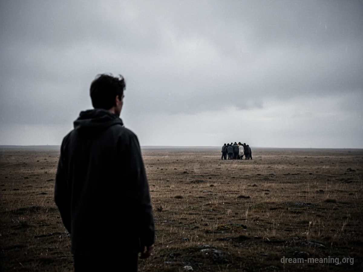 Silhouette of a person observing distant, small figures on a barren landscape.