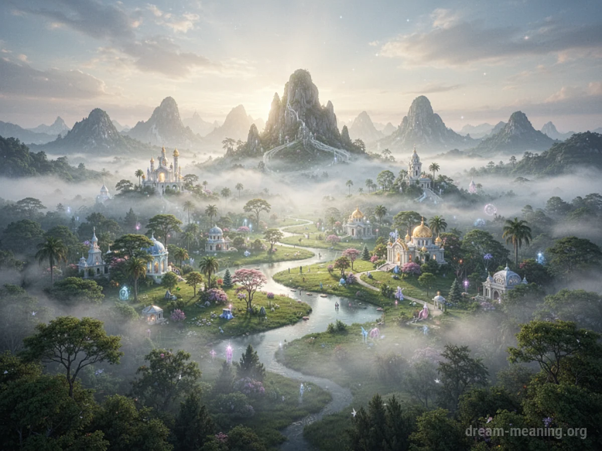 A bright, ethereal landscape viewed through a layer of fog.