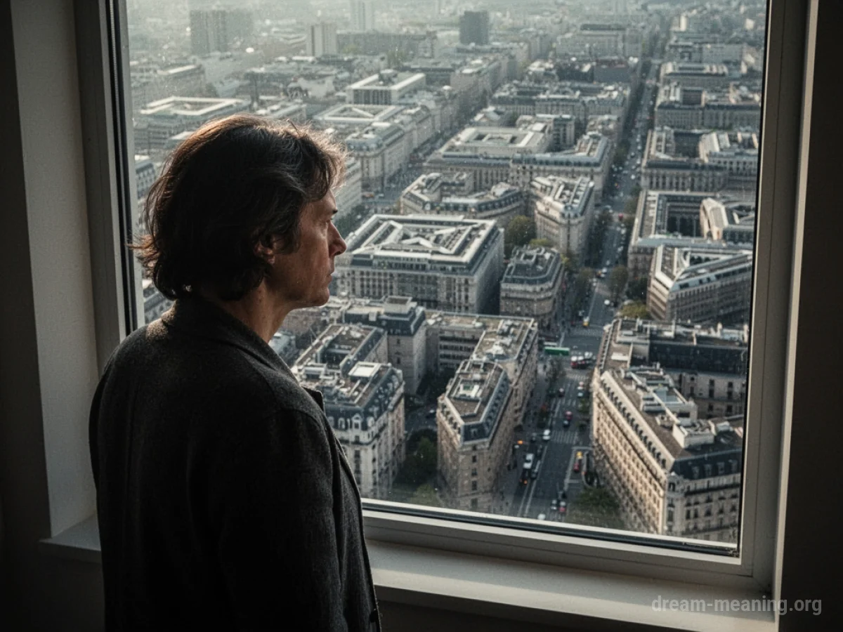 A person observing a city viewed through a window, with repeating geometric shapes forming the buildings and streets.