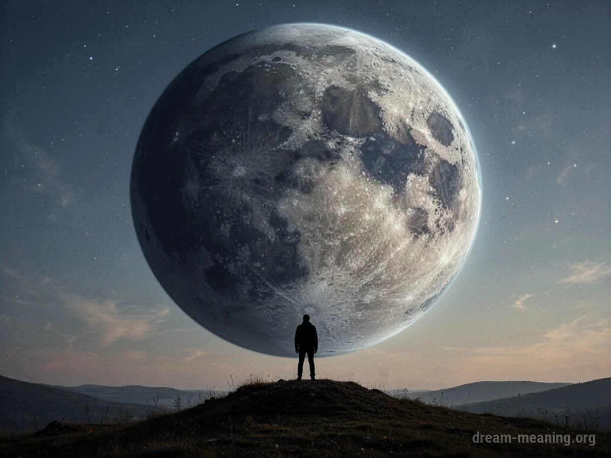 A large planet dominates the sky, viewed from the perspective of a person on the ground.
