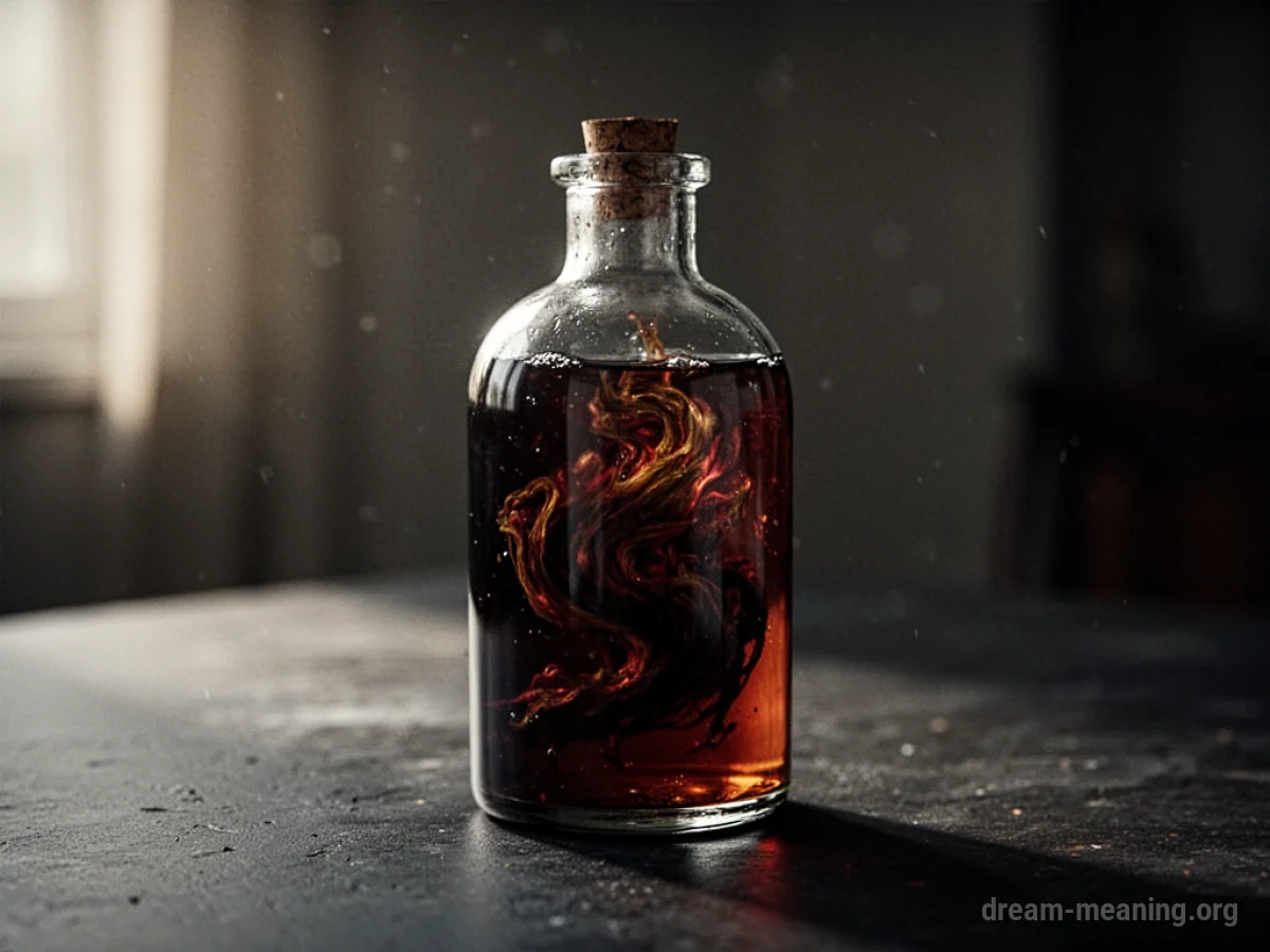 A glass bottle containing a dark liquid.