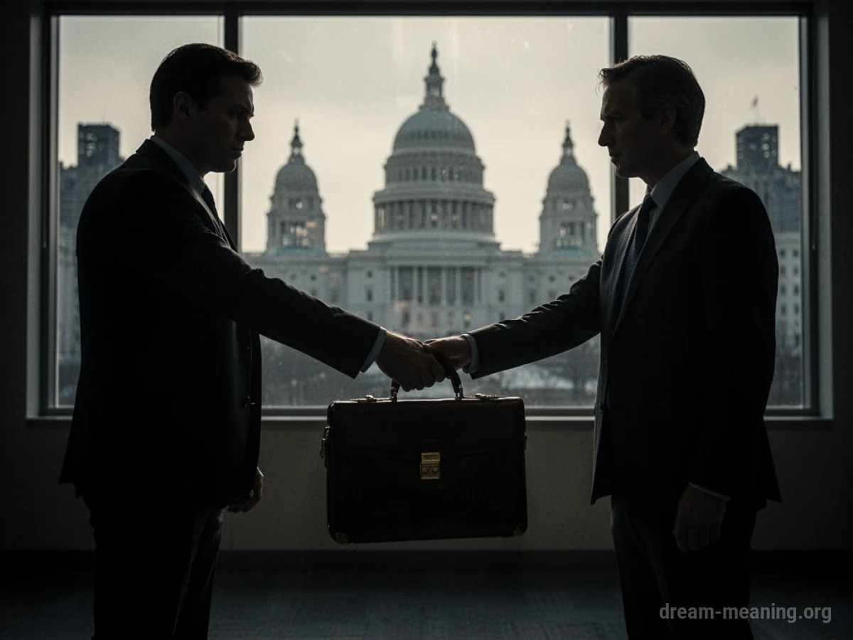 Silhouettes of people in a dimly lit room, one handing a briefcase to another.