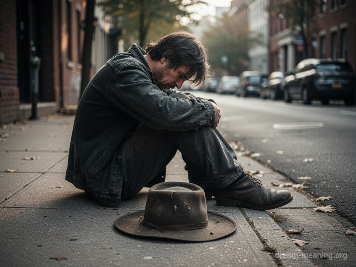 A person sitting on a sidewalk with a hat for donations.