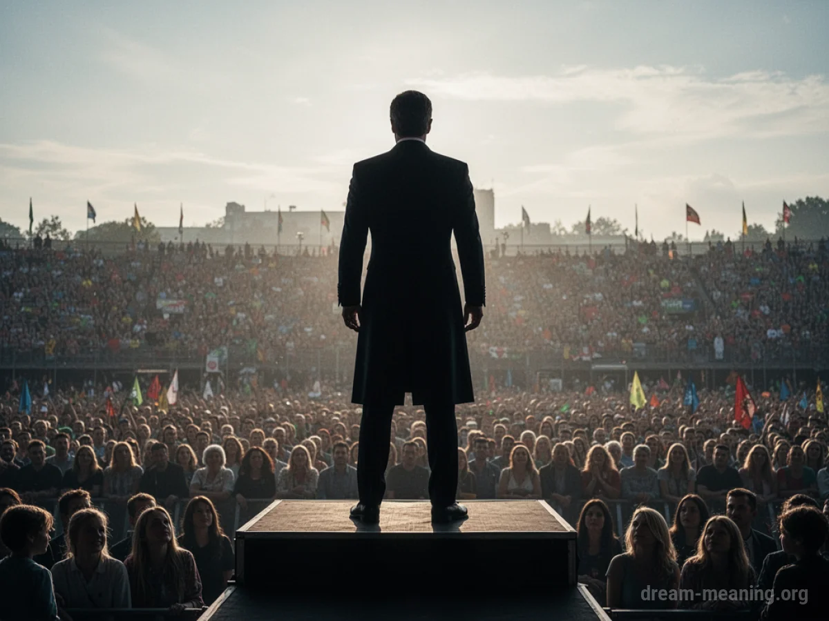 Silhouette of a person standing on a high platform overlooking a distant crowd.