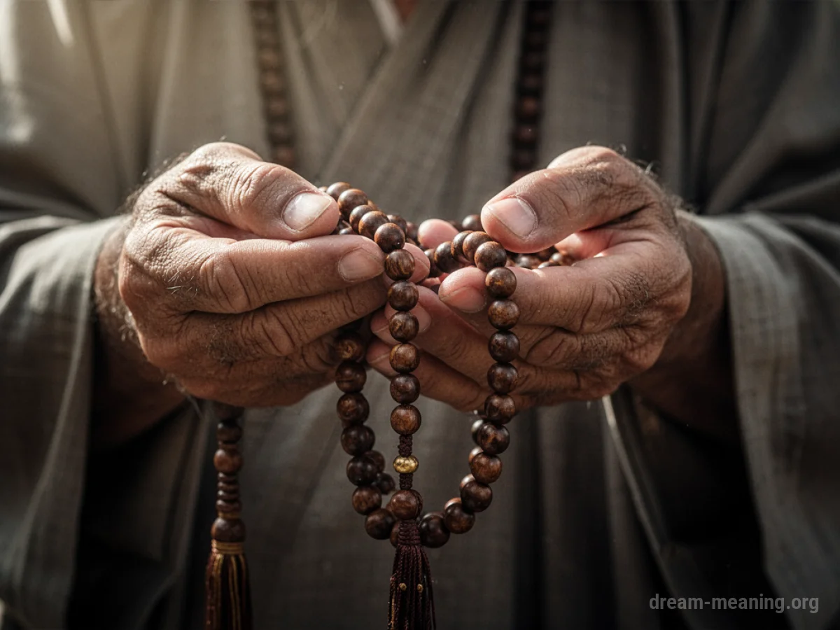 Hands holding a string of prayer beads.