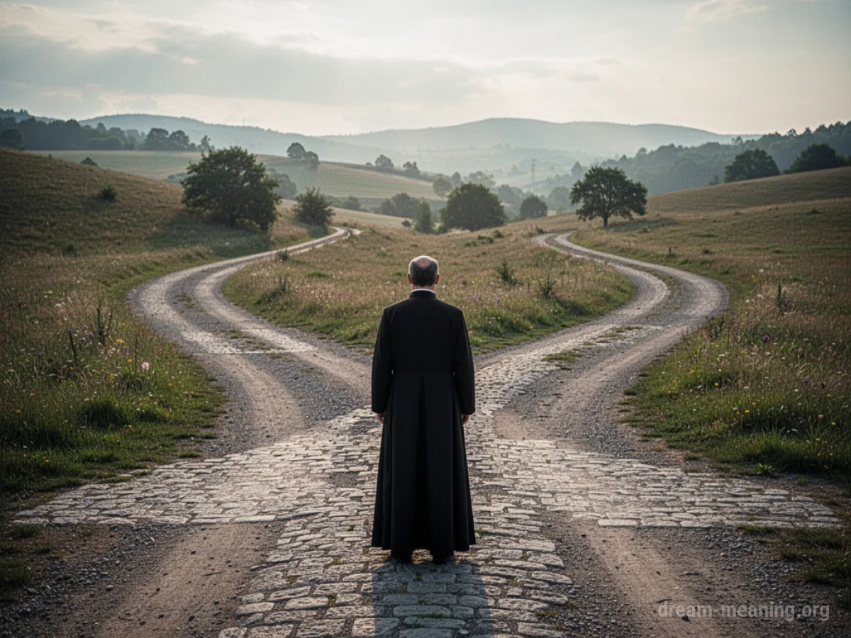 A figure in priestly robes stands at a fork in a road.