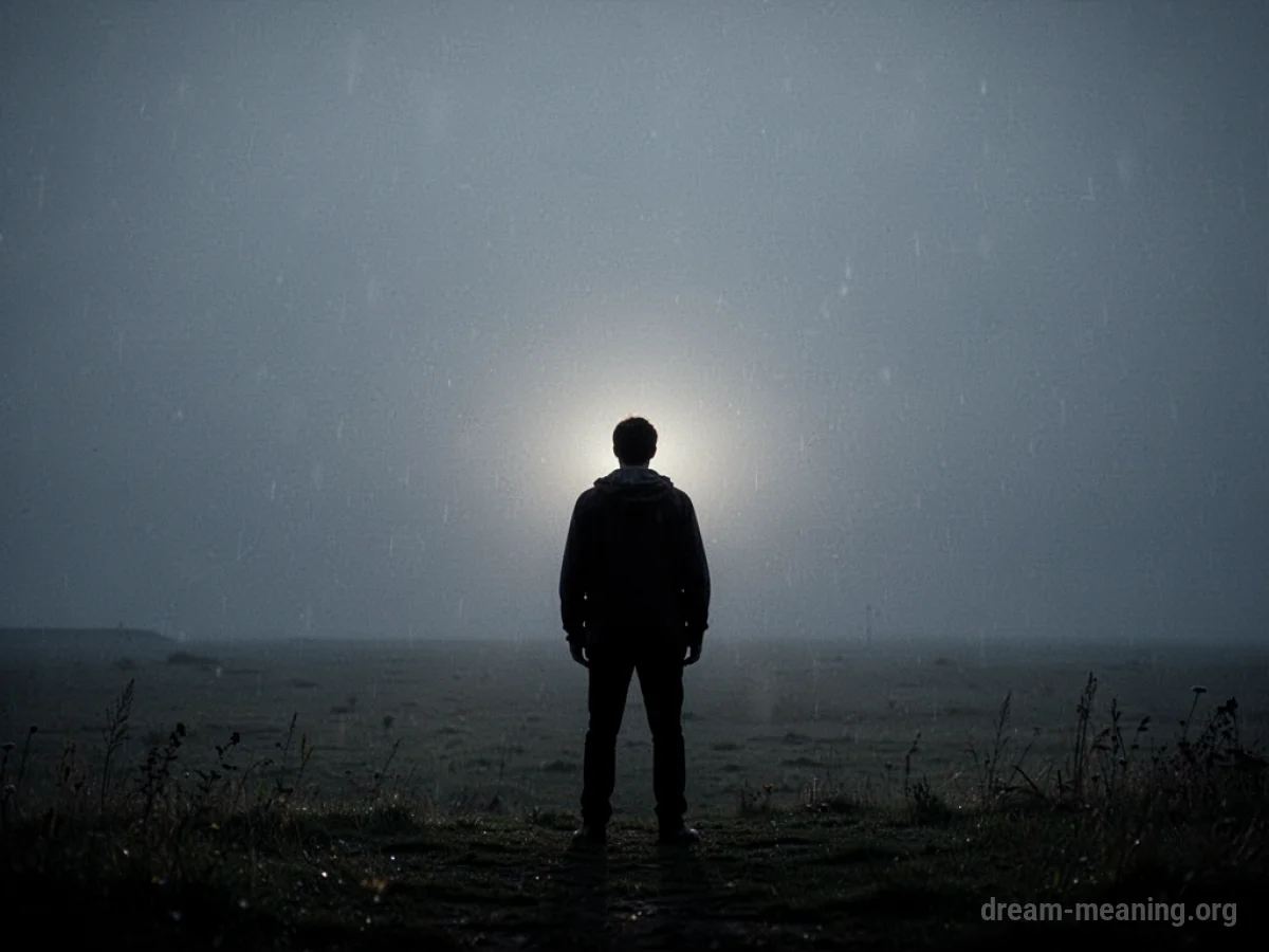 A distant silhouette of a person gazing towards a soft light.