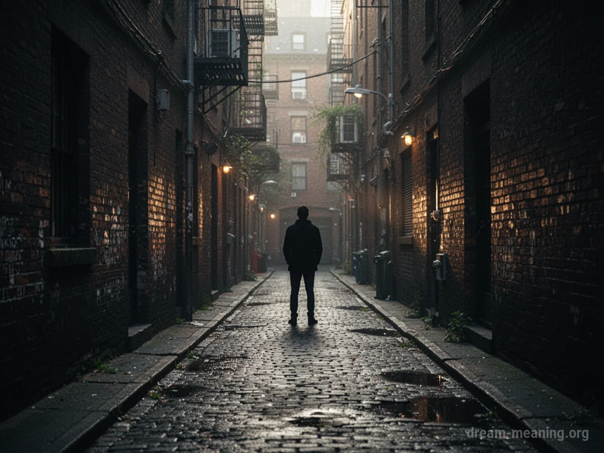 A distant silhouetted figure in a shadowy urban alleyway.