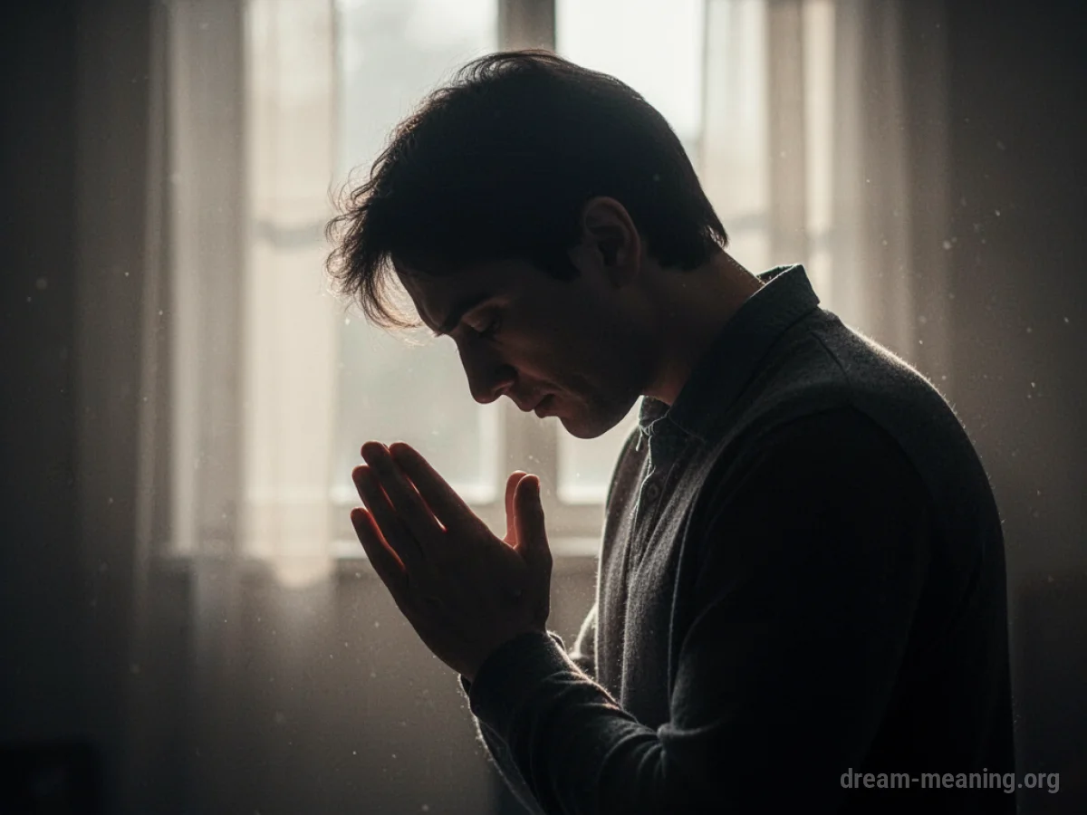 Silhouette of a person praying with light shining from above.