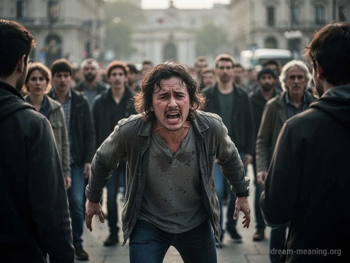 A distressed figure amidst a blurred crowd of people.